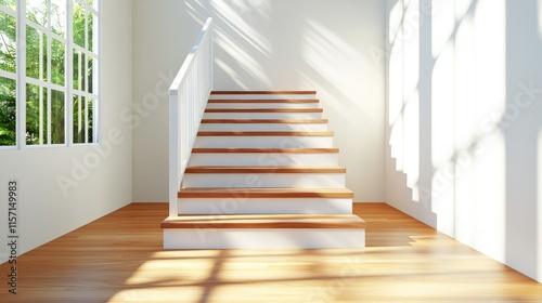 Steps leading to a sunlit upper level in a modern space. Generative AI photo