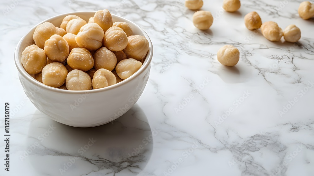 Minimalist food photography featuring white ceramic bowl filled with macadamia nuts on white marble countertop, captured in soft natural lighting with subtle textures and matte finish. Minimalist food photography featuring white ceramic bowl filled with macadamia nuts on white marble countertop, captured in soft natural lighting with subtle textures and matte finish.