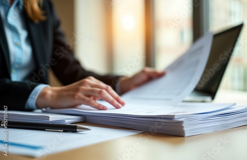 Businesswoman carefully examines piles of documents in office. Focused on paperwork, analysis. Preparing for tax season reviewing financial contracts. Utilizing laptop for data research. Efficient