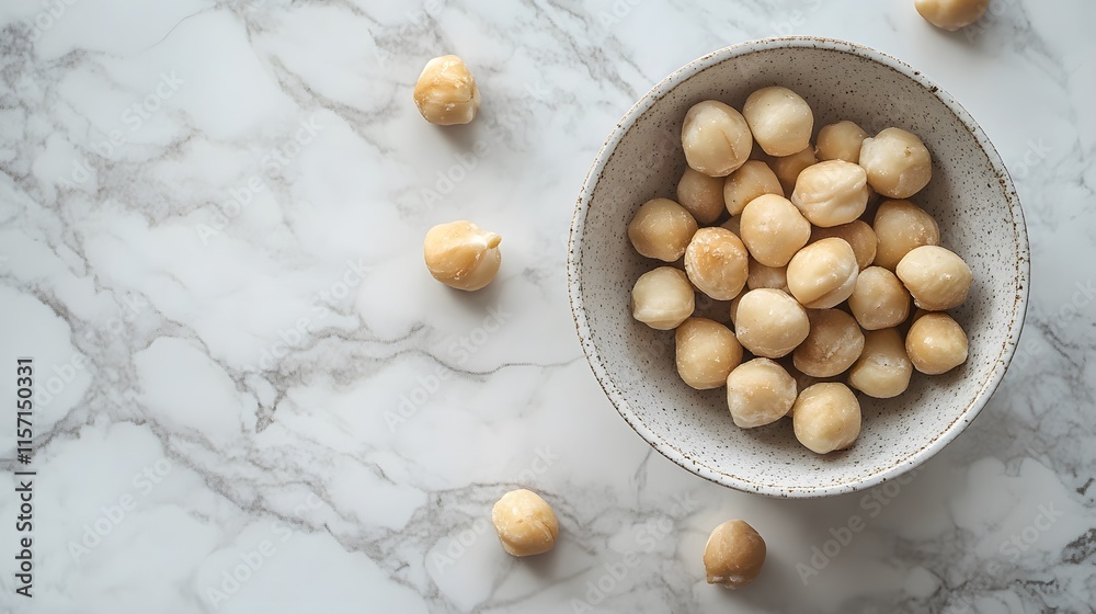 Minimalist food photography featuring white ceramic bowl filled with macadamia nuts on white marble countertop, captured in soft natural lighting with subtle textures and matte finish. Minimalist food photography featuring white ceramic bowl filled with macadamia nuts on white marble countertop, captured in soft natural lighting with subtle textures and matte finish.