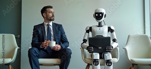 Businessman, AI robot sit in waiting room for job interview. Man holds coffee cup, stares thoughtfully. Robot holds briefcase. Futuristic scene represents future employment challenges, competition.