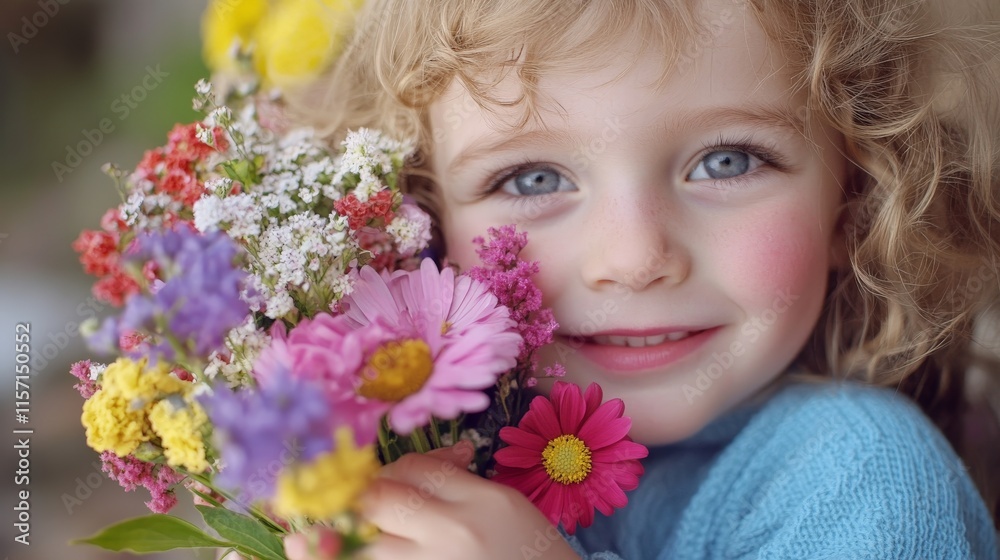Caucasian young female child smiling with colorful flower bouquet in hands Caucasian young female child smiling with colorful flower bouquet in hands