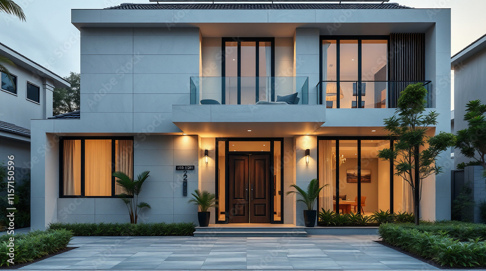 Fototapeta premium A two-story modern house with gray walls, large black-framed windows, and a dark brown front door. Landscaping includes shrubs and small palm trees. Exterior lighting illuminates the house at night.