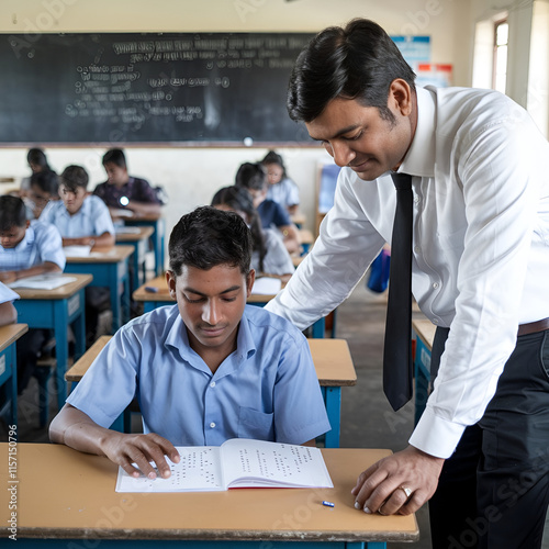 an Indian teacher leaning down to assist a visually impaired student reading Braille, surrounded by classmates working on their assignments.
