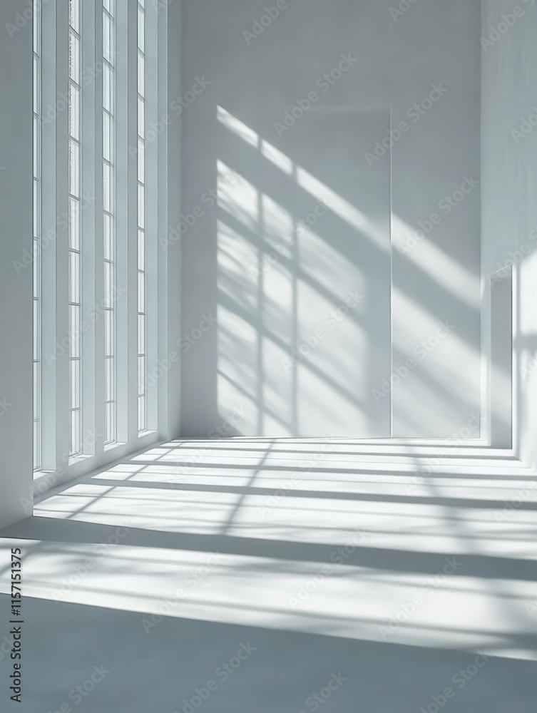 Obraz premium Sunlight shines through the window into the white minimalist interior space