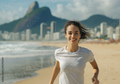 A happy young woman in a white shirt jogs along a beach, with a beautiful Rio de Janeiro cityscape and mountains in the background. She is smiling. photo