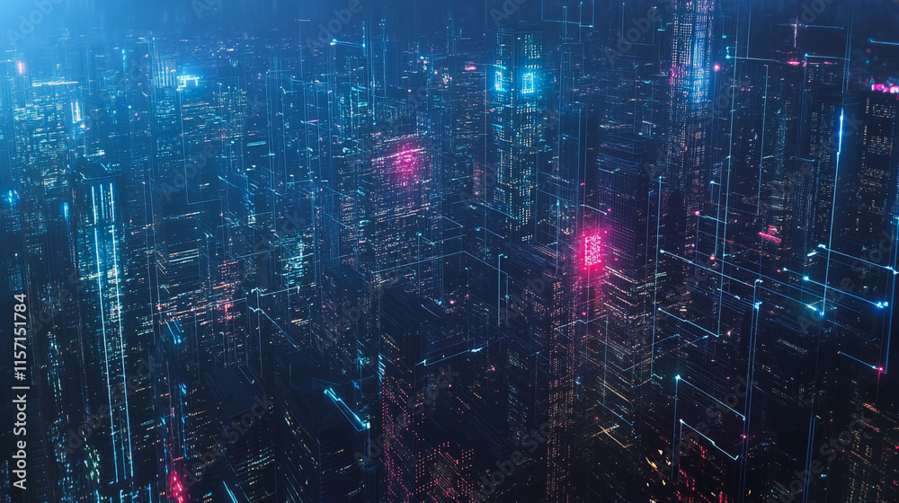 Fototapeta premium Smart digital Innovation city with connection network reciprocity over the cityscape. of future smart wireless digital city and social media networking systems that connects people with in city