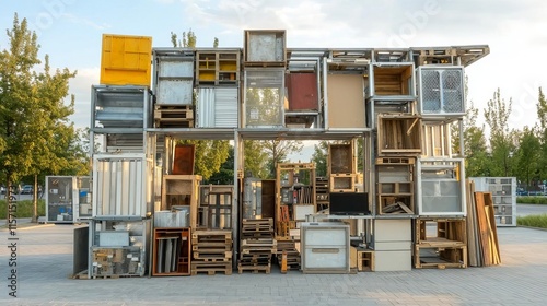 Sustainable materials architecture recycled concept. Art installation made from various wooden frames and pallets.