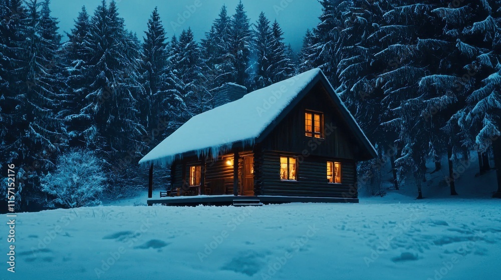 Cozy Illuminated Log Cabin in Snowy Winter Forest Landscape at Night