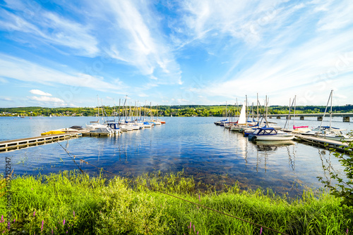 View from the shore of the Möhnesee. Landscape by the lake in Körbecke.
