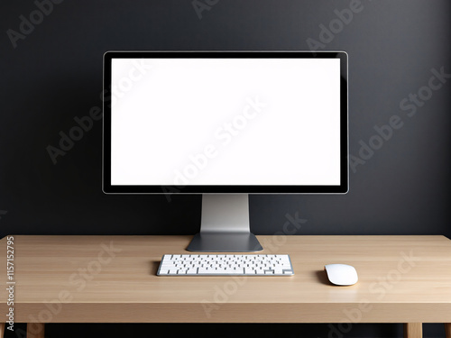 Modern computer setup on wooden desk against black background. 