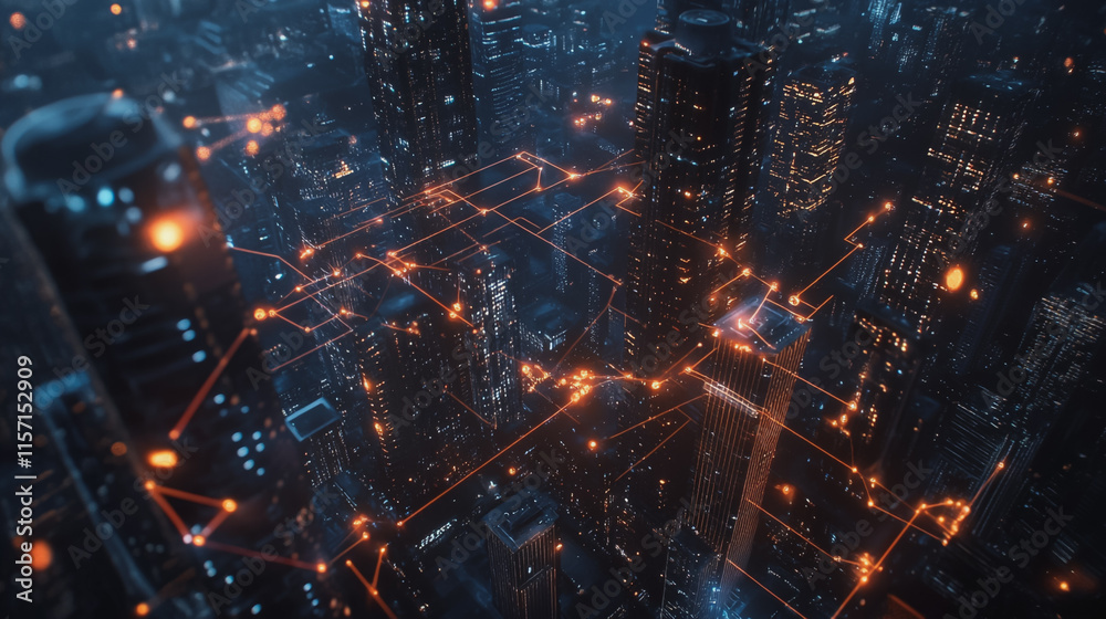 Fototapeta premium Smart digital Innovation city with connection network reciprocity over the cityscape. of future smart wireless digital city and social media networking systems that connects people with in city