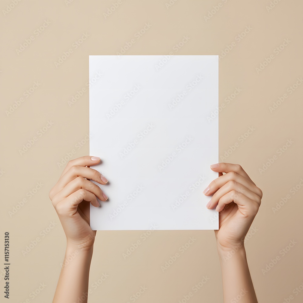 Female hands hold a blank sheet of paper on a beige background. Advertising space Female hands hold a blank sheet of paper on a beige background. Advertising space