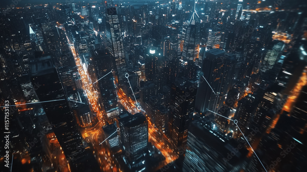 Smart digital Innovation city with connection network reciprocity over the cityscape. of future smart wireless digital city and social media networking systems that connects people with in city