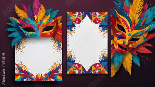 Cartel festivo de carnaval con máscara decorativa, plumas coloridas y espacio para texto sobre fondo blanco, ideal para proyectos gráficos y celebraciones