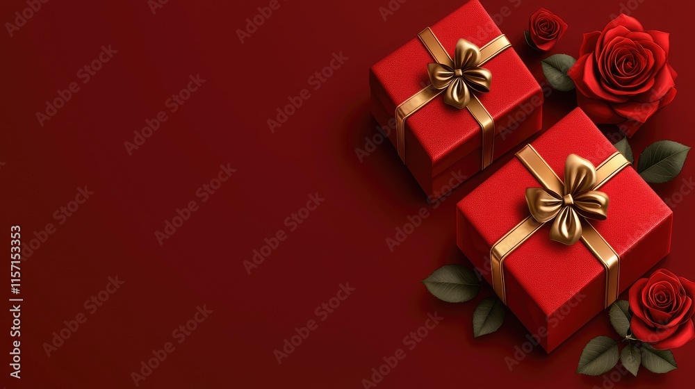 Two elegant red gift boxes adorned with golden ribbons sit beside vibrant roses on a rich red background, creating a romantic and festive atmosphere. Two elegant red gift boxes adorned with golden ribbons sit beside vibrant roses on a rich red background, creating a romantic and festive atmosphere.