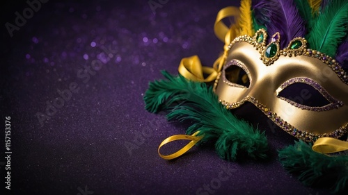 Decoraciones de Mardi Gras con plumas coloridas y cintas doradas, perfecto para ilustraciones de festividades y eventos festivos. Cartel de Carnaval con espacio para texto