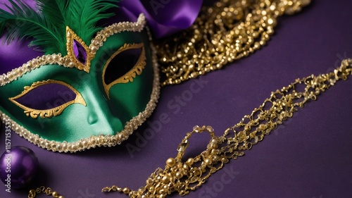 Máscara de Mardi Gras verde y dorada con plumas y perlas, rodeada de cuentas doradas y un adorno púrpura, ideal para ilustraciones festivas y temáticas de celebración. Fondo de Carnaval