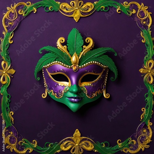 Marco ornamental con máscara de Carnaval verde y dorada sobre fondo púrpura, con diseños florales y de hojas, ideal para proyectos festivos y decorativos