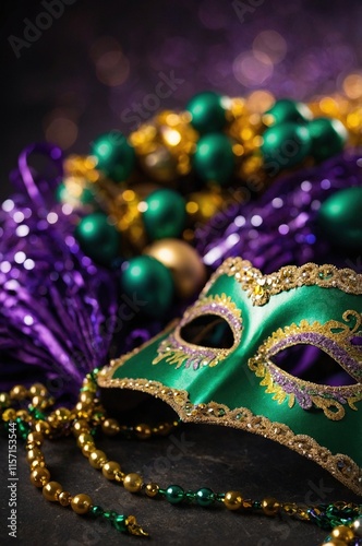 Máscara de Mardi Gras con adornos dorados y morados sobre fondo verde, ideal para proyectos festivos y celebraciones de carnaval