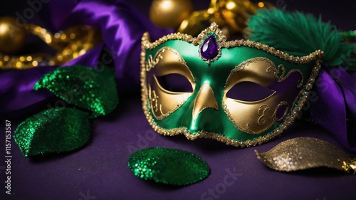 Escena vibrante de Mardi Gras con elementos decorativos como hojas verdes brillantes, cinta morada y una máscara dorada y verde sobre fondo púrpura, ideal para ilustraciones de carnaval y festividades