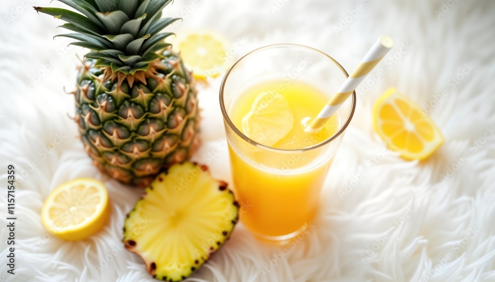 Pineapple juice refreshment. Fresh pineapple, lemon juice in glass. Healthy, delicious summer drink. Tropical fruit beverage on white fluffy background. Juicy fruits. Exotic taste. Perfect for Pineapple juice refreshment. Fresh pineapple, lemon juice in glass. Healthy, delicious summer drink. Tropical fruit beverage on white fluffy background. Juicy fruits. Exotic taste. Perfect for