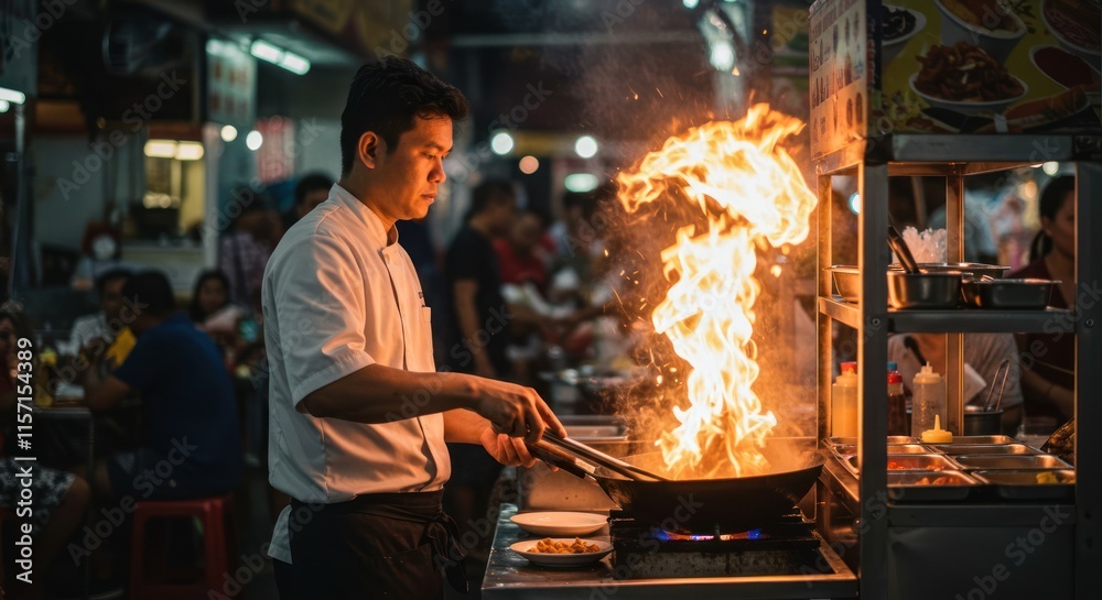 Chef skillfully prepares a fiery stir fry dish Chef skillfully prepares a fiery stir fry dish