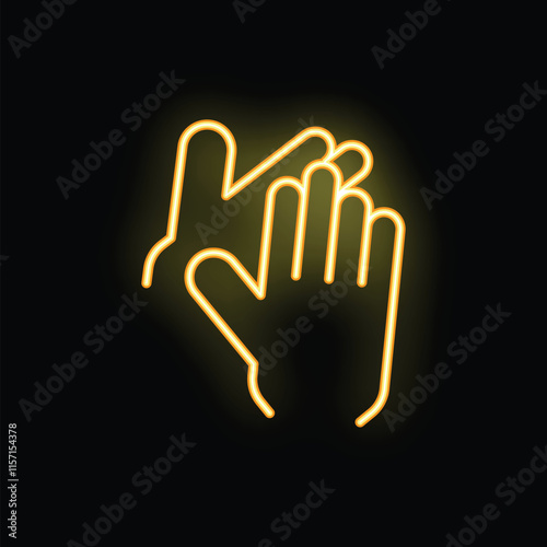 Bright yellow neon icon of two hands clapping on a black background