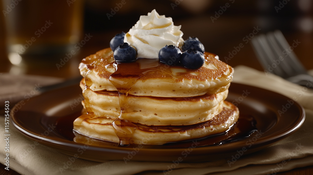 Heavenly Stack of Pancakes Drizzled with Maple Syrup and Fresh Blueberries, Served with a Fork for a Cozy Breakfast Experience. Heavenly Stack of Pancakes Drizzled with Maple Syrup and Fresh Blueberries, Served with a Fork for a Cozy Breakfast Experience.