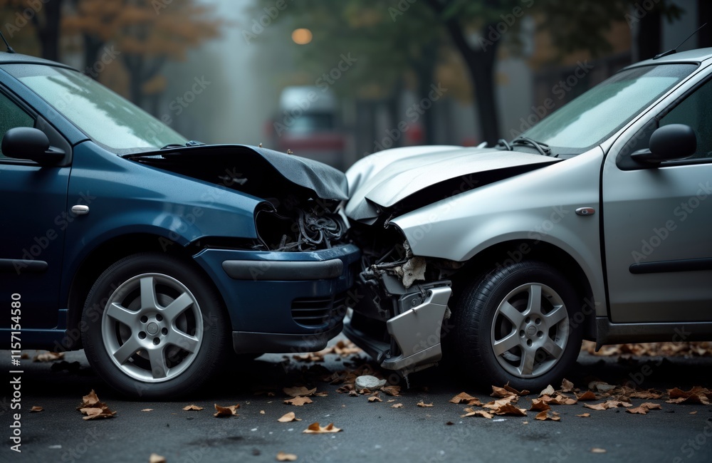 Fototapeta premium Two cars collided head-on on city street. Severe damage visible to both vehicles front ends. Cars badly damaged. Accident scene on city street. Leaves on wet asphalt. Possible traffic violation
