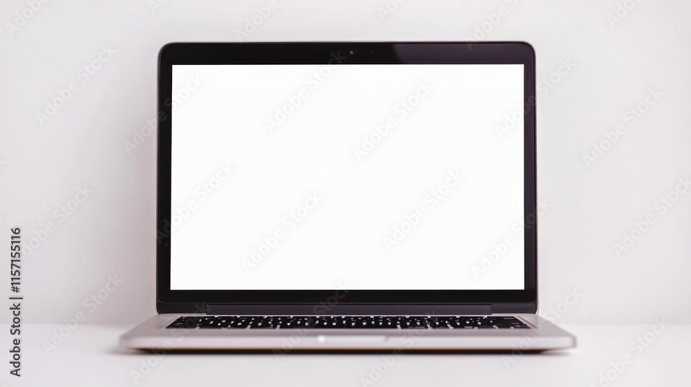 Open laptop showing blank white screen on white table for mockup Open laptop showing blank white screen on white table for mockup