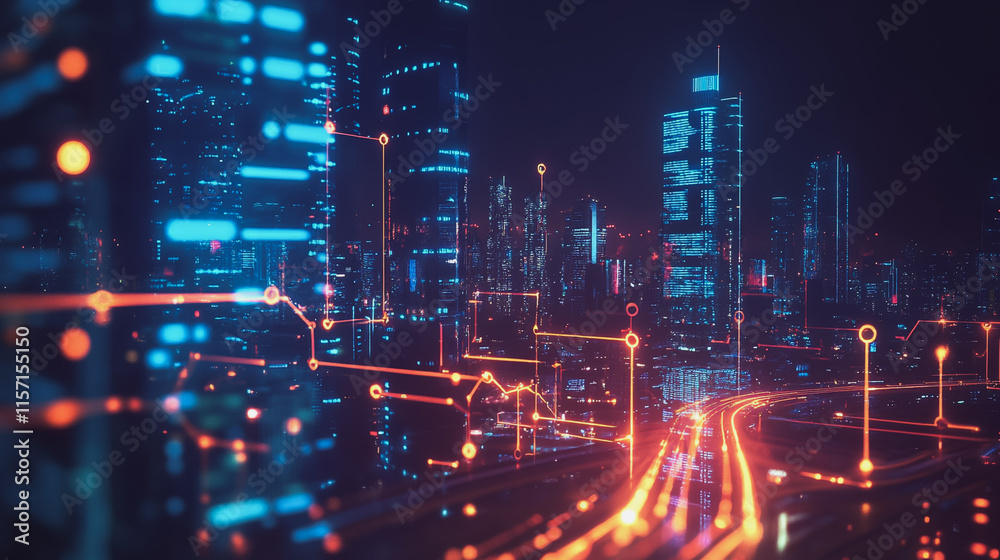 Smart digital Innovation city with connection network reciprocity over the cityscape. of future smart wireless digital city and social media networking systems that connects people with in city