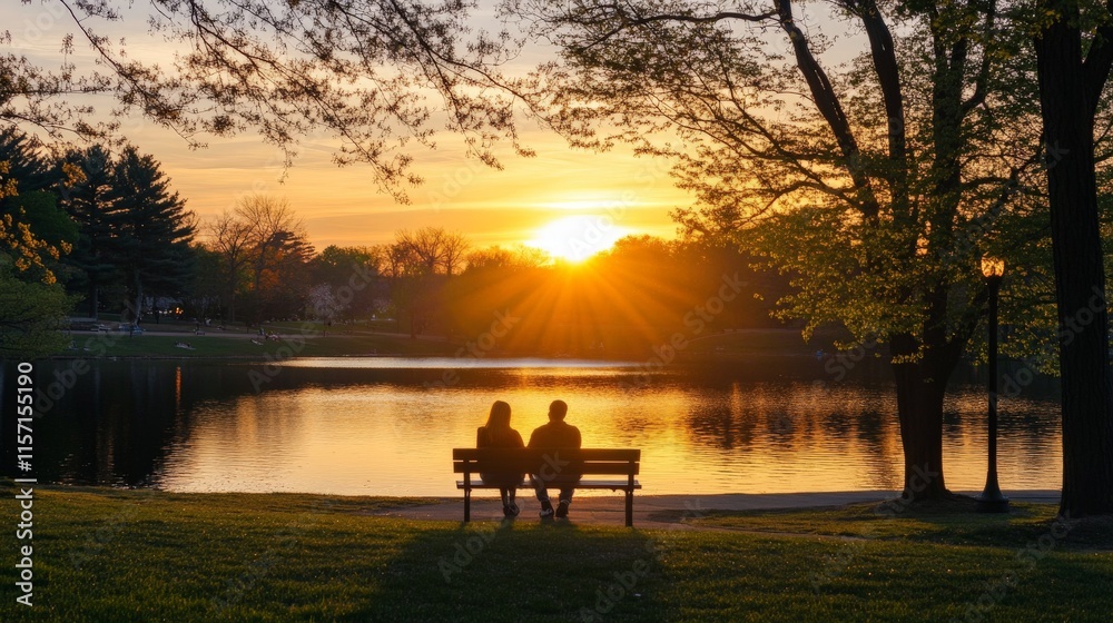 Couple enjoying sunset on park bench by serene lake Couple enjoying sunset on park bench by serene lake