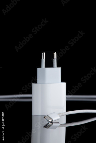 Fast charger for Phone with c-type cable on black background.