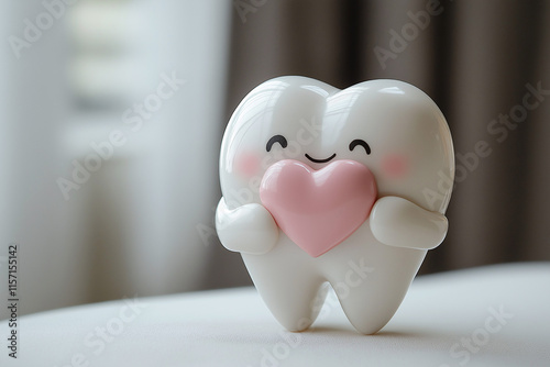 Happy tooth character holding heart dental care concept indoor playful cheerful design