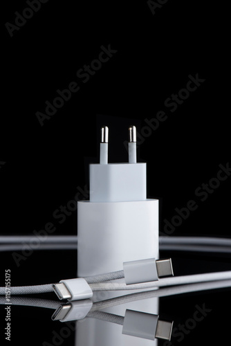 Fast charger for Phone with c-type cable on black background.