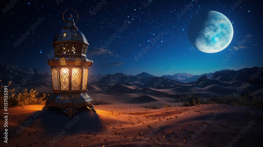 A beautifully designed Arabic lantern illuminating the desert night with its intricate patterns, as a crescent moon A beautifully designed Arabic lantern illuminating the desert night with its intricate patterns, as a crescent moon