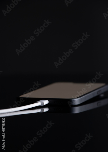 White cable charging phone on a pure black backgournd.