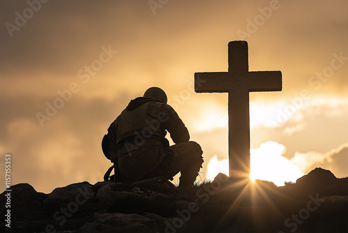 Soldier paying respects at cross battlefield spiritual reflection dusk intimate perspective