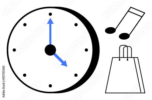 Clock with blue arrows suggesting time, musical note, and shopping bag. Ideal for time management, music events, shopping promotions, schedules, and lifestyle themes. Line metaphor