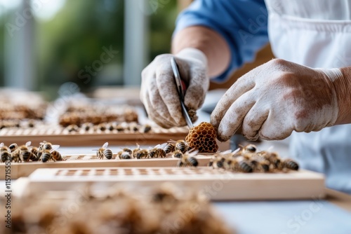 A bee keeper is carefully extracting honeycomb from the frame, showcasing the intricate relationship between humans and nature in the art of beekeeping. photo