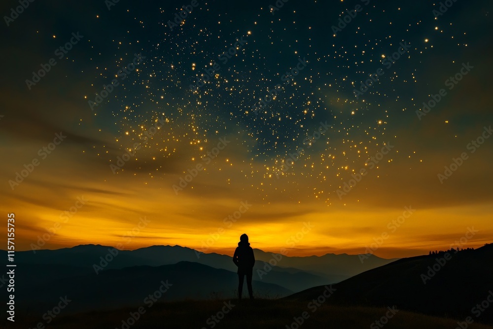 Fototapeta premium A single silhouetted figure stands on a hill, surrounded by a majestic twilight sky filled with stars, reflecting solitude, wonder, and a sense of peace.