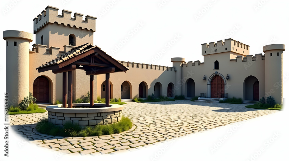 Fototapeta premium Medieval Castle Courtyard: A serene well sits at the heart of this ancient stone castle, surrounded by arched entryways and crenellated towers.