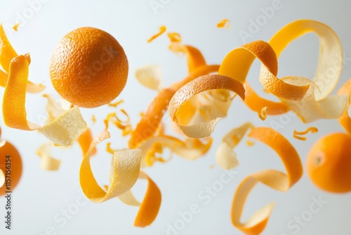 This image showcases fresh oranges and their peels spiraling in a dynamic, lively manner against a clean background, capturing motion and zest. photo