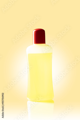Yellow nail polish removal bottle. Isolated on a yellow background with a glow.