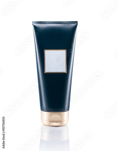 Dark blue cosmetics type of bottle. Full depth of view. Isolated on a pure white background.
