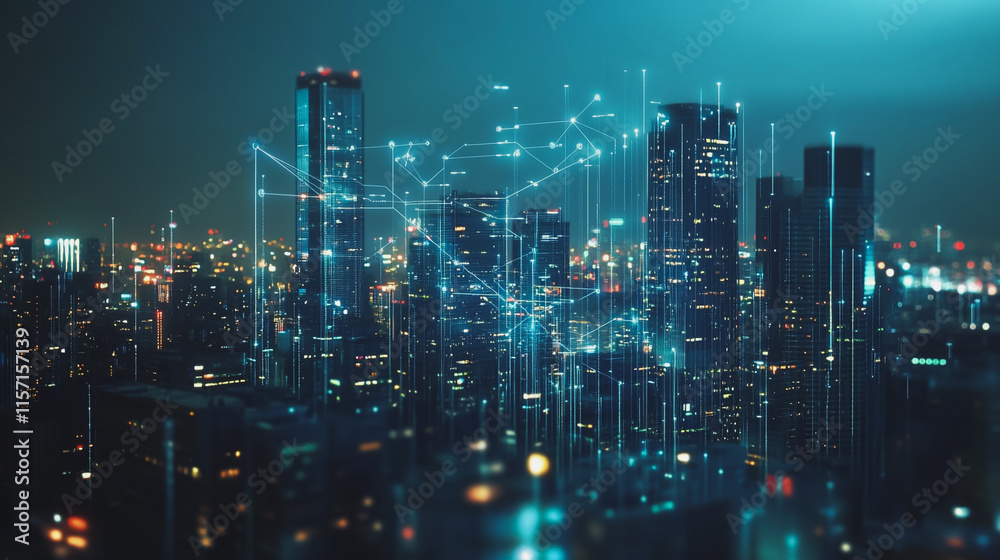 Fototapeta premium Smart digital Innovation city with connection network reciprocity over the cityscape. of future smart wireless digital city and social media networking systems that connects people with in city