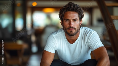 Close-up Portrait of a Handsome Man in a Stylish White T-Shirt