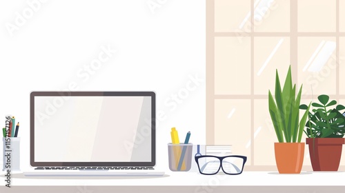 Professional Home Office Setup with Laptop, Glasses, Stationery, and Plant on White Desk photo