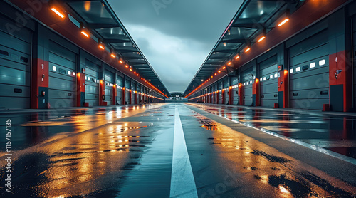 Clean pit lane at race track, dramatic lighting, facing into the garages. photo